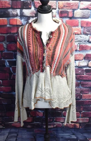 Free People Mixed Media Cardigan Striped Knit Pointelle Bell Sleeve Boho Medium thumbnail 1