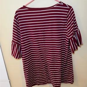Tickled Teal Burgundy and White Striped Ruffle Sleeve Top thumbnail 3