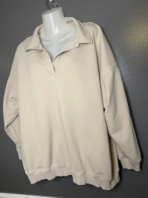 Aerie Sweatshirt Womens Medium Beige Collared V Neck Fleece Pullover Relaxed thumbnail 4