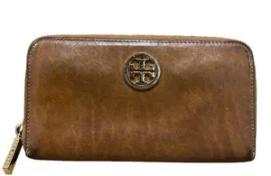 Tory Burch Continental Wallet Briwn Leather Zip Around Gold Logo Designer thumbnail 1