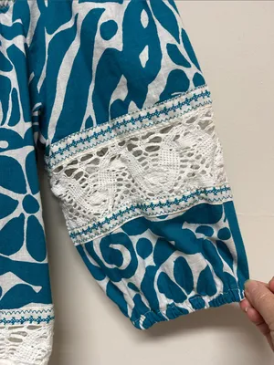 Rachel Zoe Teal Printed Peasant Linen Top with Lace Trim 3/4 Sleeves size L thumbnail 4