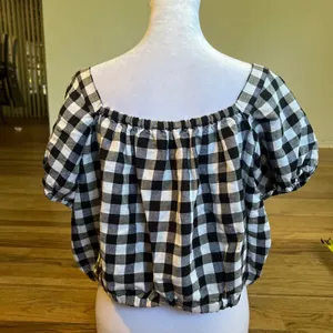 Madewell Puff Sleeve Button Front Crop Top Gingham Linen‎ Blend Black White XL thumbnail 3