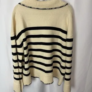 Unbranded Women’s Collared Polo Sweater Cream & Navy Stripe 2XL Nautical Boho thumbnail 11