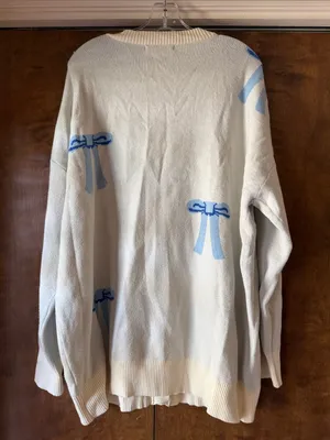 Miss Sparkling Ivory Blue Bow Cardigan Oversized V Neck Knit. Size L thumbnail 5