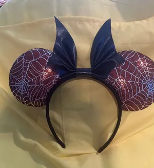 Handmade Disney Halloween Orange and Black Glitter Spiderweb Headband Ears thumbnail 1