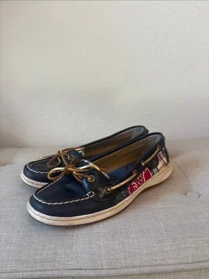 Sperry Navy Leather Boat Shoes with Red Plaid & Bandana quilt Accents 8.5 thumbnail 3