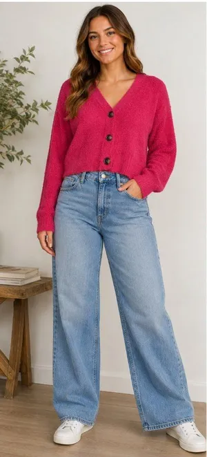 Active USA Ladies Hot Pink Crop Button Up Cardigan Sweater Size L Comfy Casual thumbnail 1