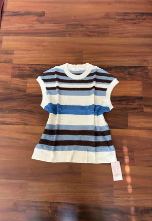 Crochet Striped Sweater Vest – Blue & Brown Coastal Knit thumbnail 3