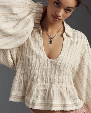 By Anthropologie Size M Balloon Sleeve Scoop Neck Collared Blouse Neutral Stripe thumbnail 1