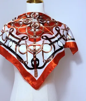 Women's Square Scarf Satin Equestrian Print Logo Orange White Brown thumbnail 1