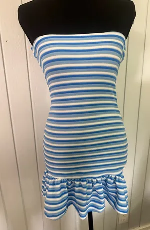Muse Blue and White Striped Strapless Dress thumbnail 1