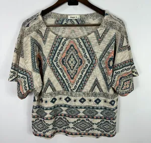 Ginger G Southwestern Aztec‎ Print Top L Beige Blue Short Sleeve Boho Festival thumbnail 1