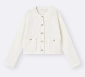 GU (Uniqlo) Fringe Double Pocket Knitted Jacket in Off White thumbnail 2