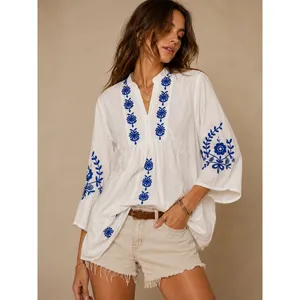 Zara Women Tunic Top XS White Blue Floral Embroidered Boho 3/4 Sleeve thumbnail 3