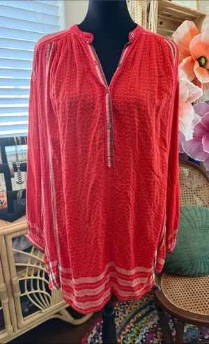 Free People Red Metallic Long Sleeve Popover Boho Hippie Tunic Blouse Top thumbnail 1