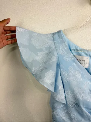 Azazie Slate Blue Floral Jacquard Maxi Flutter Sleeves High Slit Dress Size 10 thumbnail 13