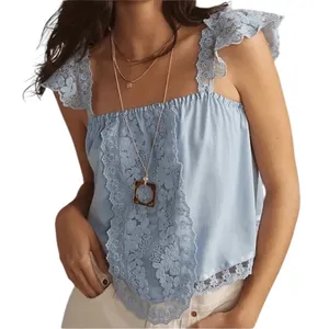Anthropologie Tiny Daphne Lace Tank Blue Flutter Strap Womens Size Medium thumbnail 1