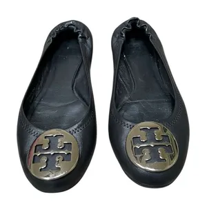 Tory Burch Reva Ballet Flats Women’s‎ 6.5 Travel Black Leather Silver Medallion thumbnail 1