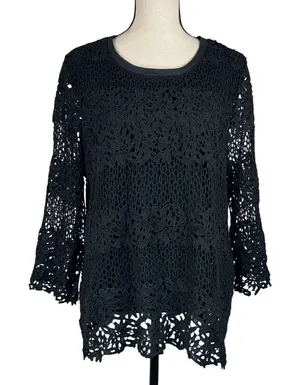 Alfred Dunner X-Large Top Floral Crochet Overlay 3/4 Flare Sleeves Stretch Black thumbnail 1