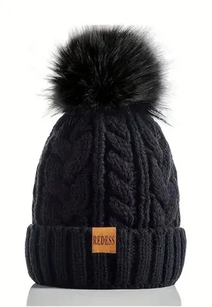 Winter Cozy Warm‎ Pom Pom Black Beanie Hat Cable Knit Fleece Lined Ski NWT thumbnail 1