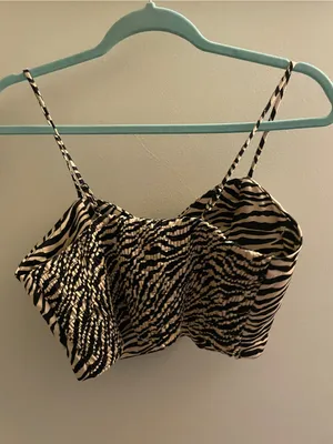 Sincerly Jules Zebra Print Satin Spaghetti Strap Crop Top - Black & Cream thumbnail 2