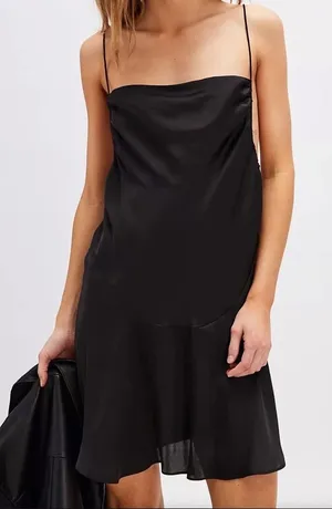 NWOT Free People Intimately Slip Dress Womens Black Satin Strappy Ruffle Small thumbnail 1