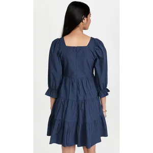 Madewell Lizzie Poplin Blue Puff Sleeve Square Neck Tiered Babydoll Mini Dress 0 thumbnail 3