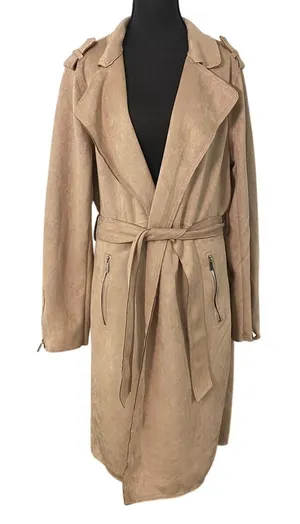 NWT Tahari Faux Suede Trench Coat Taupe Belted XL Long Duster Jacket Capsule thumbnail 1