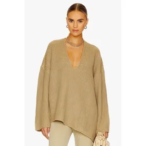 Revolve WEWOREWHAT‎ Solid V Neck Sweater Solid Tan Oat Oversized Knitwear M/L thumbnail 4