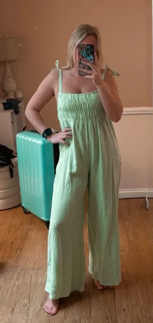 green linen romper  thumbnail 1