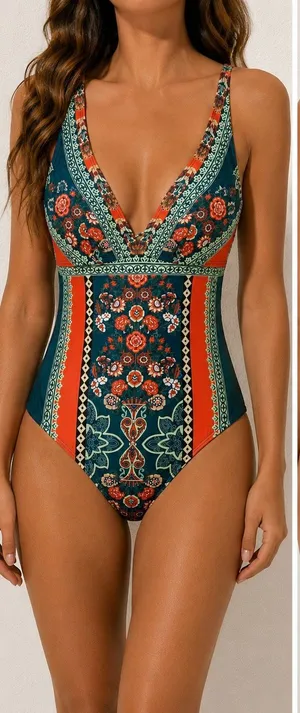 CUPSHE Women’s Small Floral Boho One Piece Swimsuit Criss Cross NWT thumbnail 1