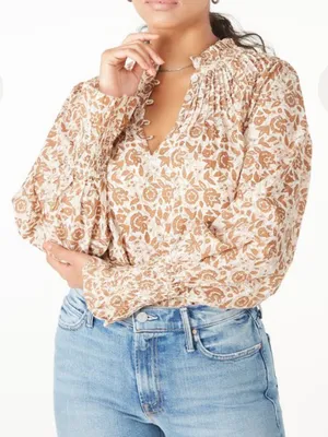 Cleobella Reza Blouse Peasant Tamil Block Print Floral Cotton Boho Brown Ivory thumbnail 3