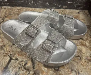 H2K Espen Silver Glitter Double Buckle Adjustable Comfort Size 9 Slides Sandal thumbnail 1