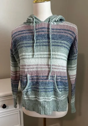 Full Circle Trends Womens‎ Waffle Knit Striped Hoodie Sweater Blue Pink Green M thumbnail 1