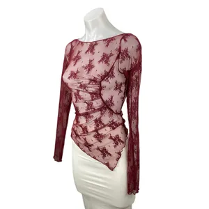 Free People Full Bloom Red Layering Mesh Sheer Lace Long Sleeve Blouse Top Sz XS thumbnail 3