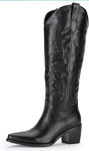 Amazon Black Pointed Toe Knee High Cowboy Boots thumbnail 2