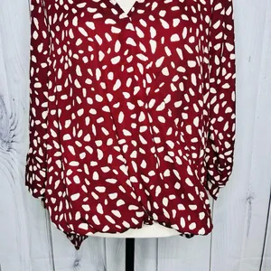 West K Faux Wrap Blouse 3/4 Sleeve Tie Maroon Polka Dot Women's Size M thumbnail 3