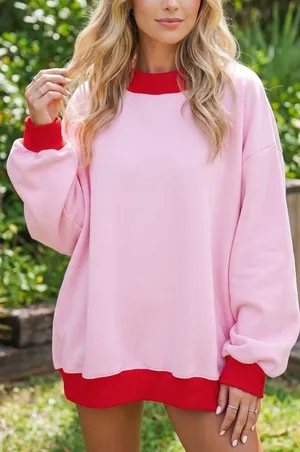 Contrast Trim Crew Neck Sweatshirt - Pink - Large thumbnail 1