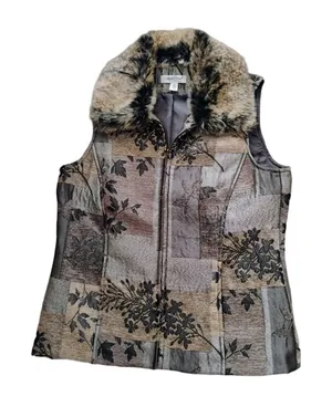 Coldwater Creek Brown Patchwork Tapestry Vest Fur Collar Size Med READ thumbnail 1