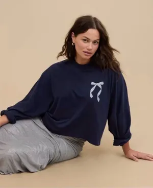 Aerie Navy Blue Bow-Print Oversized Long Sleeve Top Size Medium thumbnail 1