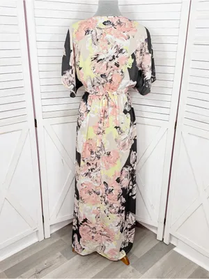 Bar III Floral Boho Faux Wrap Dolman Sleeve Maxi Dress Peach Black Multi XS thumbnail 4