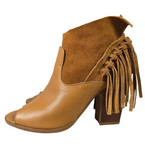 Marc Fisher Tan Leather Suede Fringe Peep Toe Ankle Boots Brown‎ Wood Heel 9 thumbnail 4