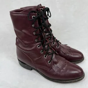 Justin L510 Burgundy Leather Lace Up Roper Boots Kiltie Fringe USA Made‎ 7B thumbnail 1