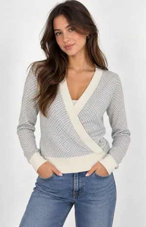 Garnet Hill White Tendu Surplice Neckline Pima Cotton Wrap Front Sweater size S thumbnail 1