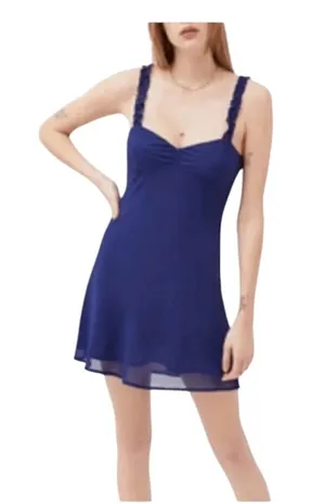 NWT Urban Outfitters Johnson Ruffle Mini Dress Navy Blue Chiffon Size XL thumbnail 1