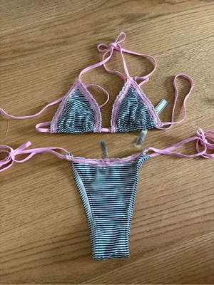 Frankie's Bikinis Pink & Black Striped Lace-Trim Triangle Bikini thumbnail 1