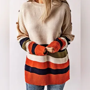 eesome women's size med/large drop shoulder striped pullover cream sweater thumbnail 2