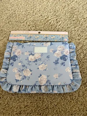 NWT LoveShackFancy x Yoobi - Light Blue Floral Ruffle Cosmetic Pouch thumbnail 2