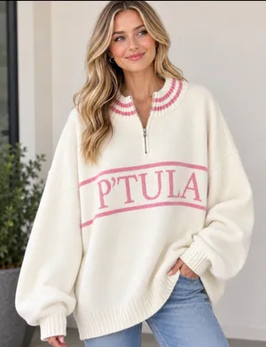 P'tula apres Cream & Pink Half-Zip Logo Knit Ski Sweater thumbnail 1