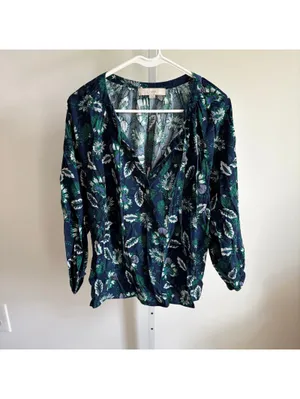 Loft EUC Women's Floral Shirred Tie Neck Blouse Long Sleeve Blue Size L thumbnail 2